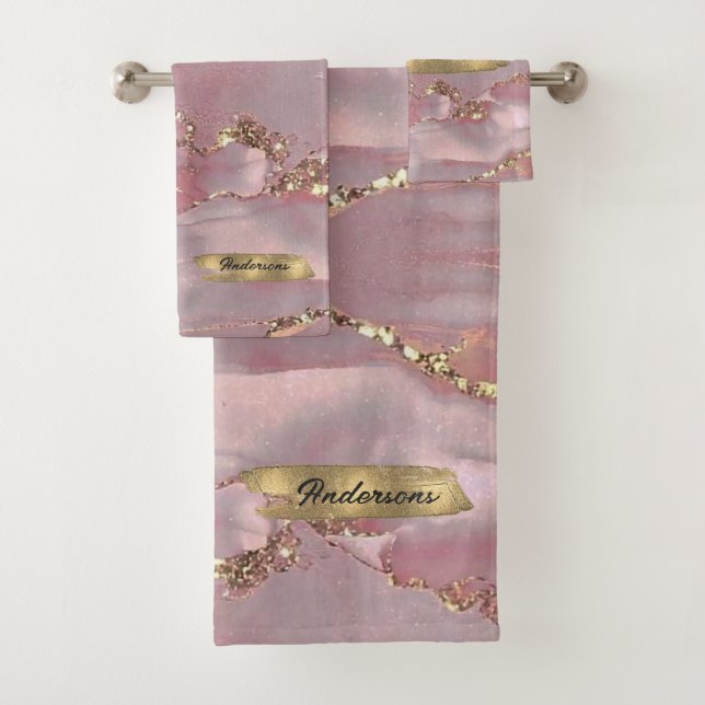 Custom Pink Gold White Diamond Glitter Monogram Bath Towel Set (Insitu)