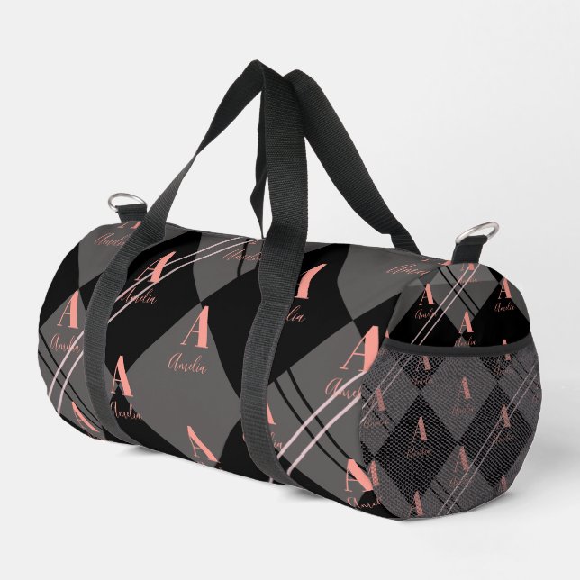 Custom Pink Gray Black Personalized Monogram Name Duffle Bag (Right Corner)