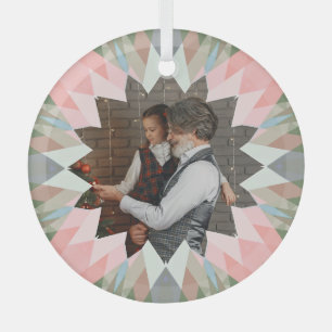 Custom Pink Gray Christmas Star Family Photo Gift Glass Tree Decoration