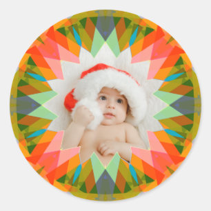 Custom Pink Green Christmas Star Family Photo Gift Classic Round Sticker