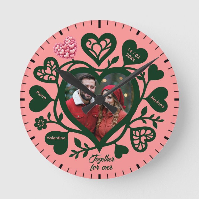 Custom Pink Green Photo Heart Clock (Front)