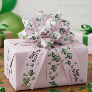 Custom Pink & Green Shamrock Heart & Mushroom 3" Grosgrain Ribbon