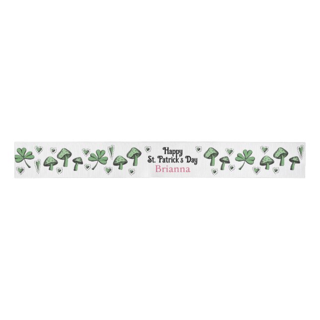 Custom Pink & Green Shamrock Heart & Mushroom 3" Grosgrain Ribbon (Front)