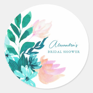 Custom Pink Green Watercolor Floral Bridal Shower Classic Round Sticker