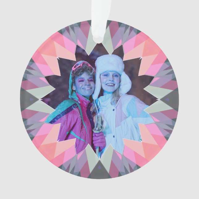 Custom Pink Grey Christmas Star Family Photo Gift Ornament (Front)