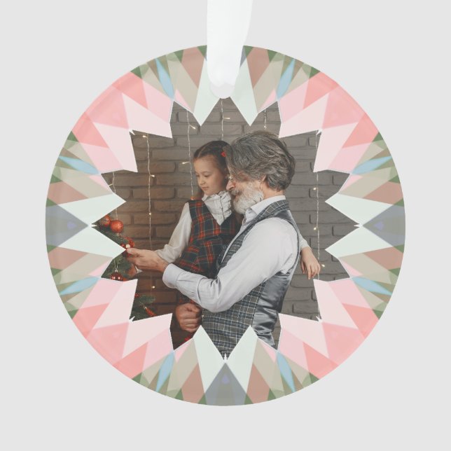 Custom Pink Grey Christmas Star Family Photo Gift Ornament (Front)