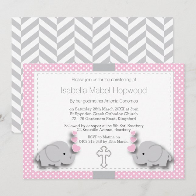 Custom- Pink & Grey Elephant 🐘 Baby - Christening Invitation (Front/Back)