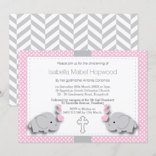 Custom- Pink & Grey Elephant 🐘 Baby - Christening Invitation