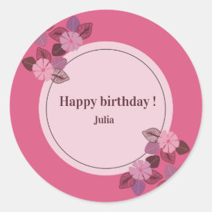 Custom pink happy birthday floral girl   classic round sticker