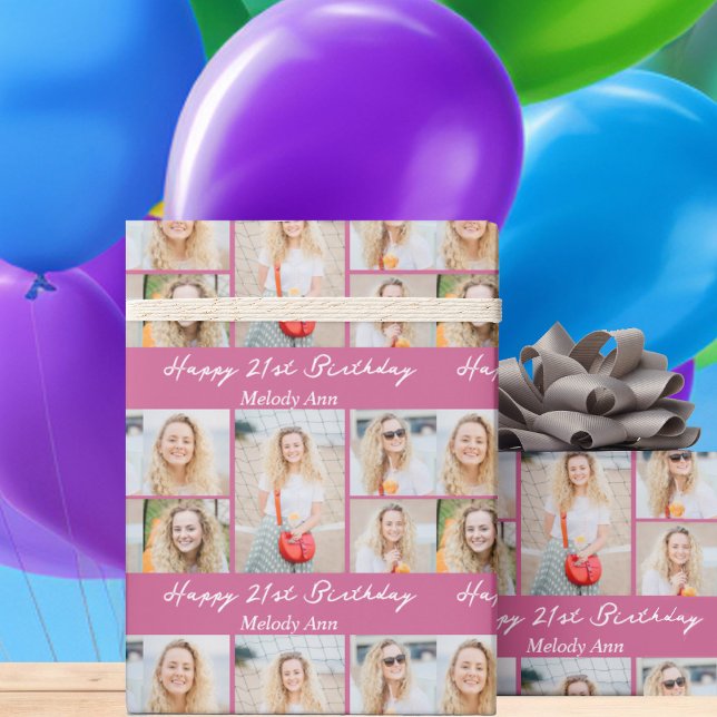 Custom Pink Happy Birthday Photo Collage Wrapping Paper (Creator Uploaded)