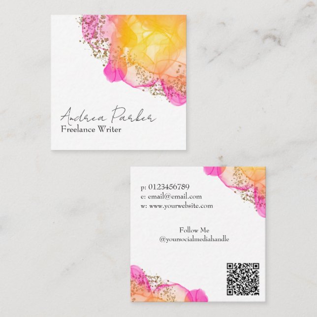 Custom Pink Ink Simple Modern QR Code Square Business Card (Front/Back)