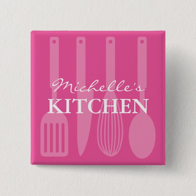 Custom pink kitchen utensils name badge buttons (Front)