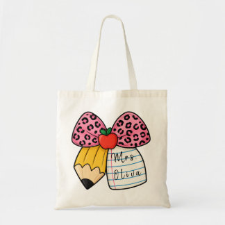 Custom Pink Leopard Bow Teacher Appreciation Gift Tote Bag