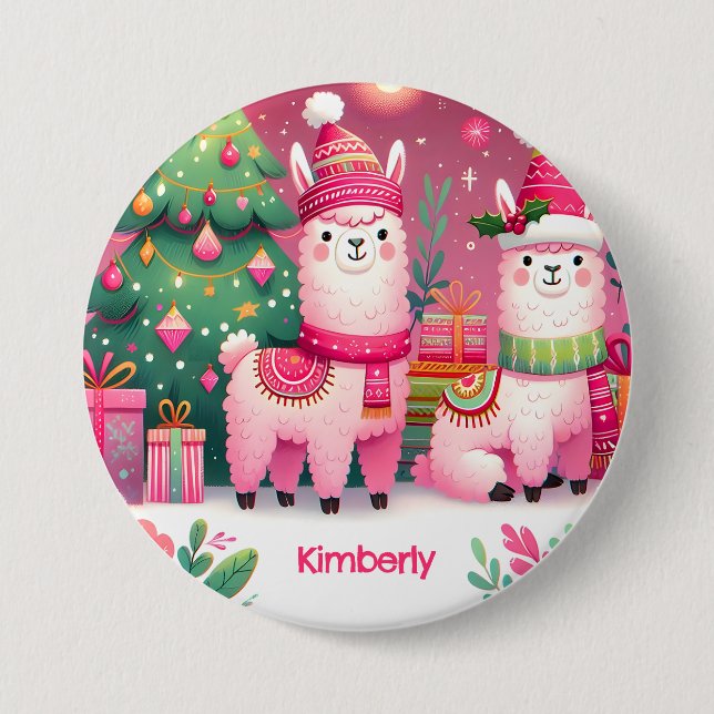 Custom Pink Llama Christmas Name 7.5 Cm Round Badge (Front)