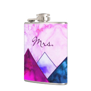 Custom Pink Marble Mountains Colour Block Mrs Hip Flask