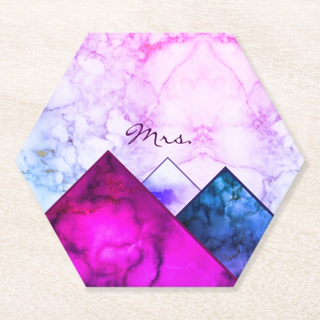 Custom Pink Marble Mountains Colour Block Mrs Paper Coaster (Front)