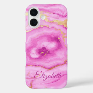 Custom Pink Marble with Dark Pink & Gold Accents iPhone 16 Case