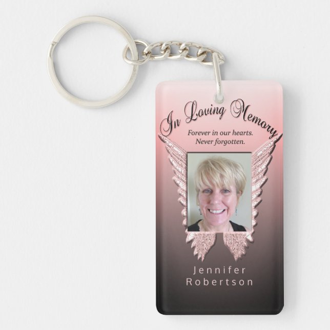 Custom Pink Memorial Angel Wings Add Photo Key Ring (Front)