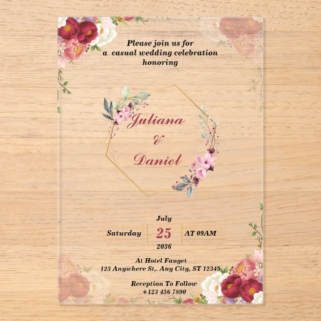 Custom Pink Modern Acrylic Wedding Invitations (Front)