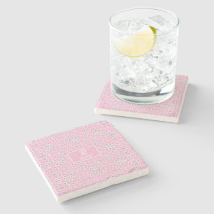 Custom Pink Monogram Floral Stone Coaster