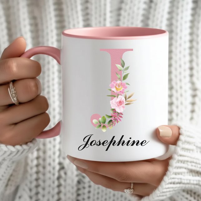 Custom Pink Monogram Mug Gift for Girls and Kids (Personalized Wildflowers Mug Graduation Gift for Her, Pink Initial Name Mug Thank You Gift for Her)