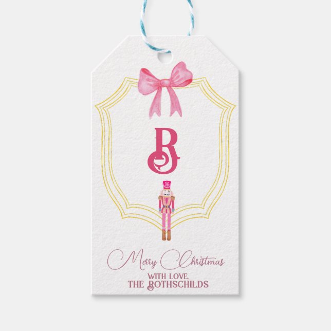 Custom Pink Monogram Nutcracker Gift Tags (Front)