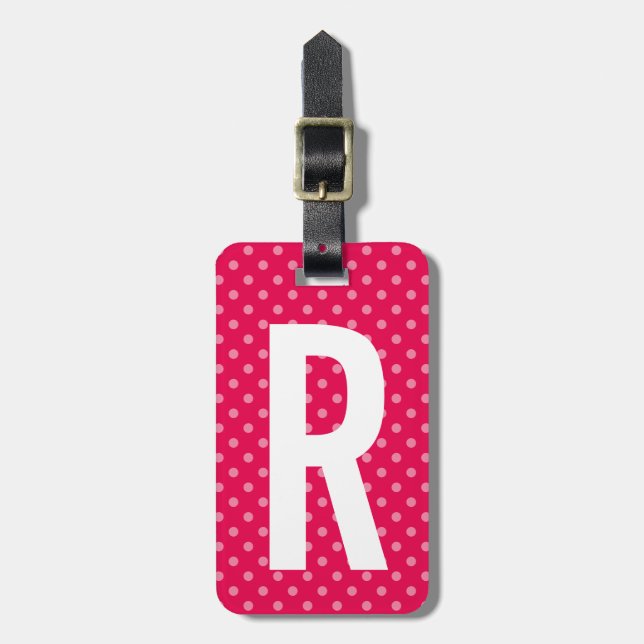 Custom pink monogram polka dots travel luggage tag (Front Vertical)