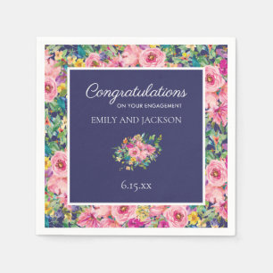 Custom Pink Navy Blue Watercolor Floral Engagement Napkin