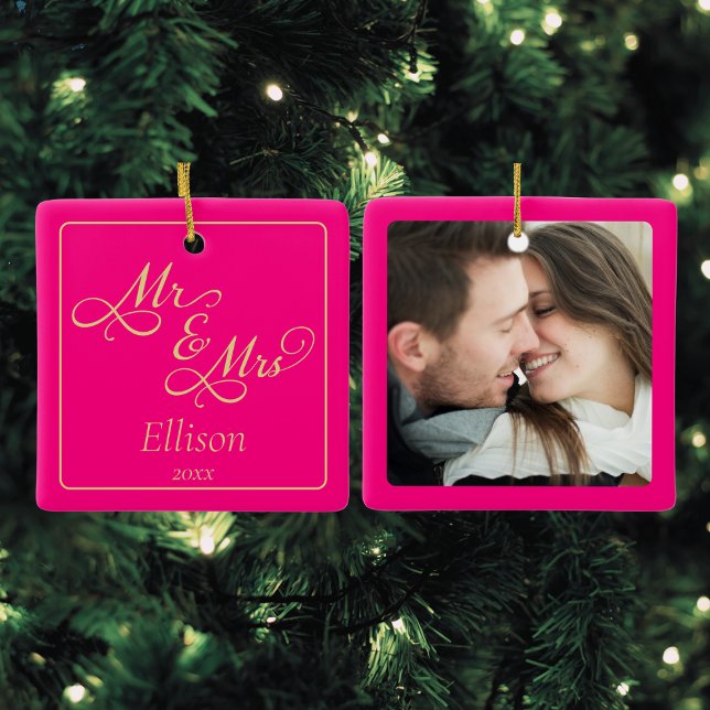 Custom Pink Newlywed Couple Ceramic Ornament (hot pink Mr and Mrs christmas ornament for newlywed couples, our first married christmas,elegant)