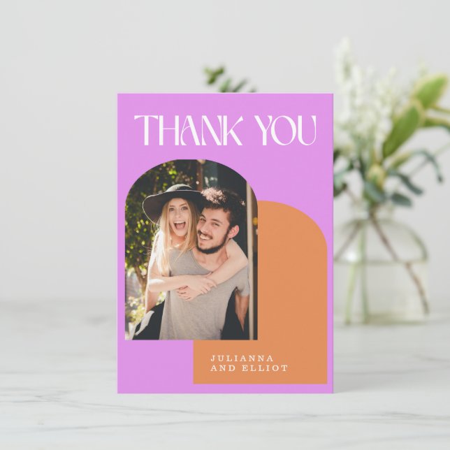 Custom Pink Orange Retro Photo Engagement  Thank You Card (Standing Front)