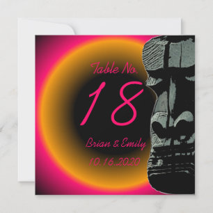 Custom pink orange tiki head table wedding cards
