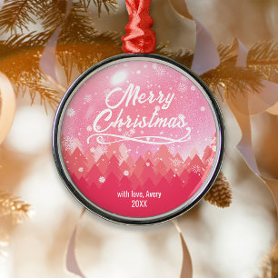Custom Pink Peaceful Snow Forest Christmas Metal Tree Decoration