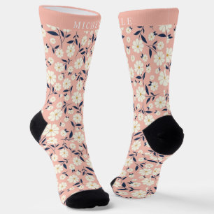 Custom Pink Peach Floral White Flowers Socks