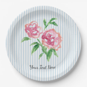 Custom Pink Peonies Flower Painting Blue Stripe Paper Plate