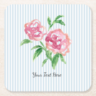 Custom Pink Peonies Flower Painting Blue Stripe Square Paper Coaster
