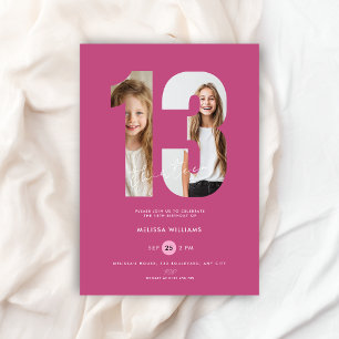 Custom Pink Photo Girls Number 13th Birthday Invitation