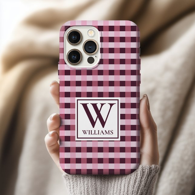 Custom Pink Plaid Monogram Phone Case Gift for Her (Custom Gingham Check Phone Case with Family Name – Personalized Gift for Him, Her, and Friends)