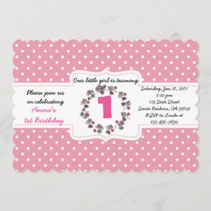 Custom Pink Polka Dot 1st Birthday Invitation Card