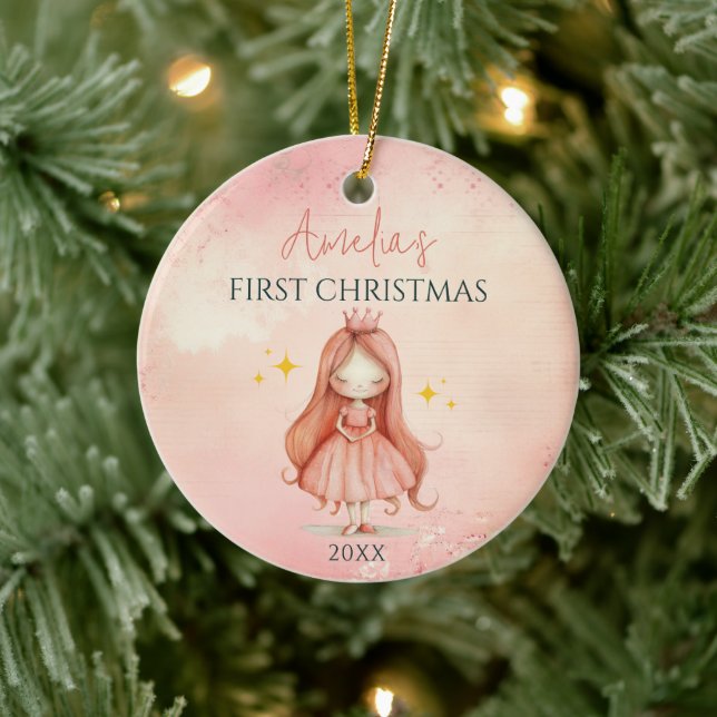 Custom Pink Princess Girl Keepsake 1st Christmas Ceramic Tree Decoration (Tree)