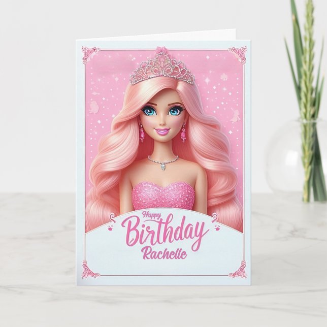Custom Pink Princess Happy Birthday Card (Front)