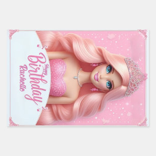 Custom Pink Princess Happy Birthday Wrapping Paper Sheet