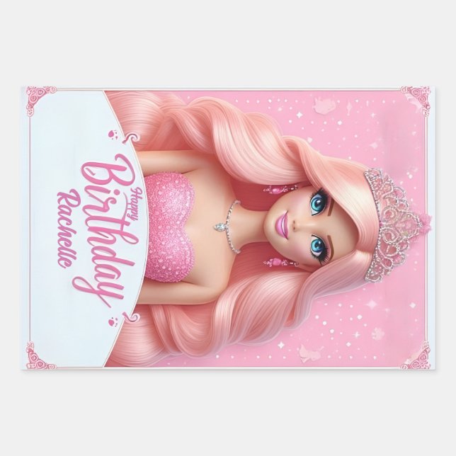 Custom Pink Princess Happy Birthday Wrapping Paper Sheet (Front)