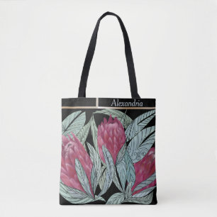 Custom pink Protea flower green leaf Tote Bag