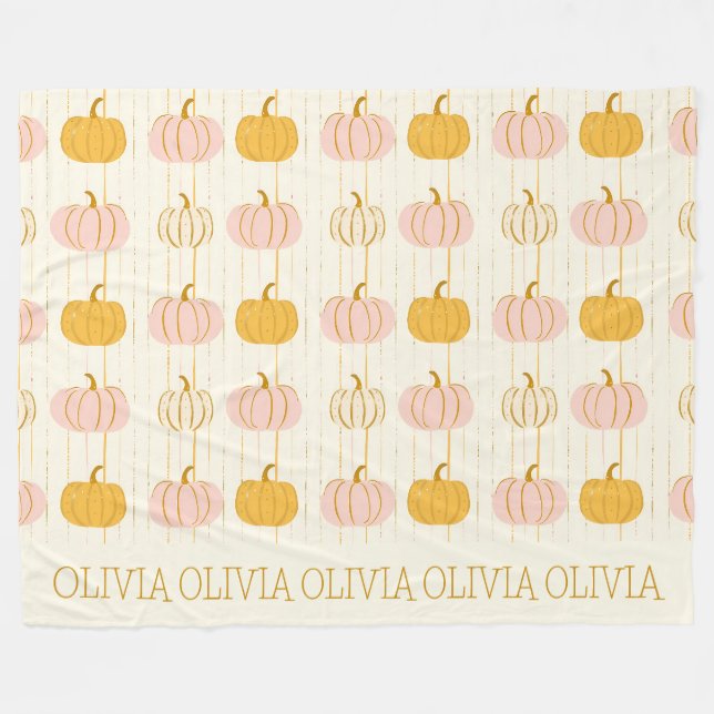 Custom Pink Pumpkin Pattern Orange Striped Fall Fleece Blanket (Front (Horizontal))