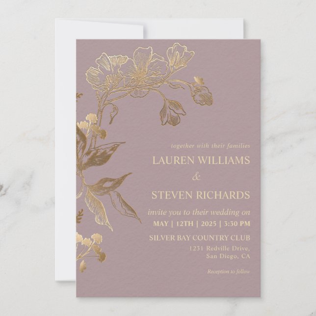 Custom Pink Purple Gold Golden Orchid Wedding Invitation (Front)