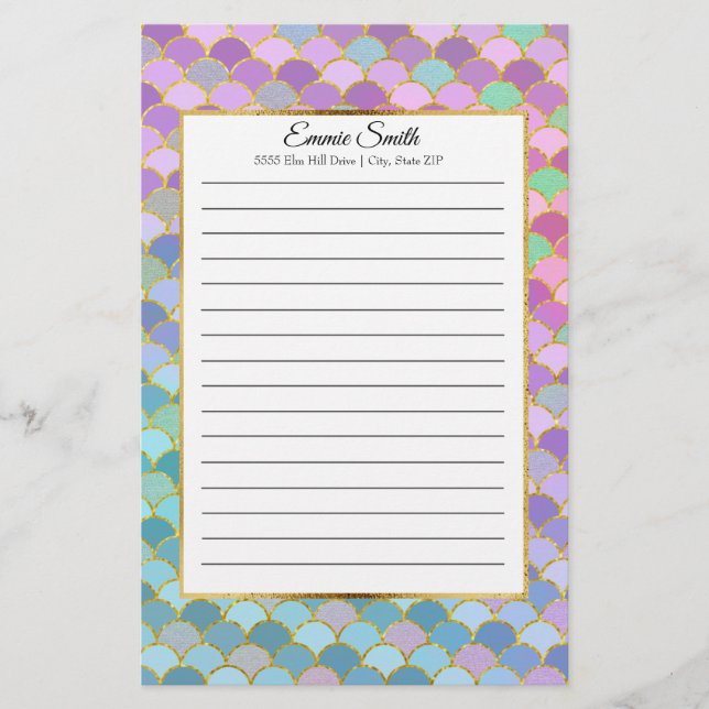Custom Pink Purple Teal Green Mermaid Scales Stationery (Front)