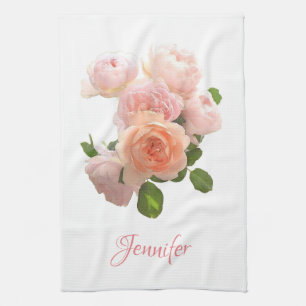 Custom Pink Red Roses Personalised Watercolor Art Tea Towel