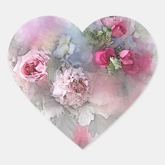 Custom Pink Red Roses Watercolor Blank Template Heart Sticker (Front)
