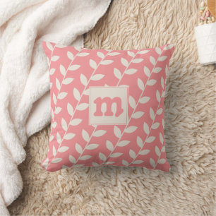 Custom Pink Retro Leaf Pattern Monogram Cushion