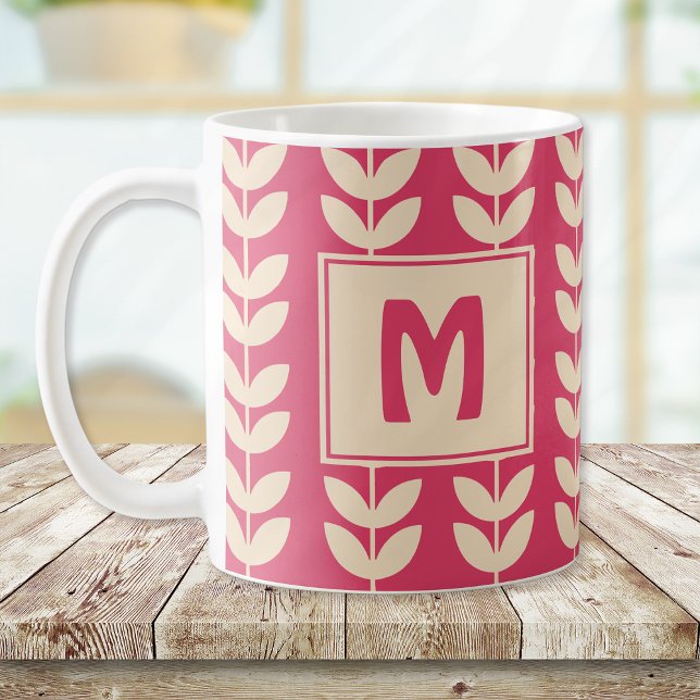 Custom Pink Retro Vibe Leaf Pattern Monogram Coffee Mug (Creator Uploaded)